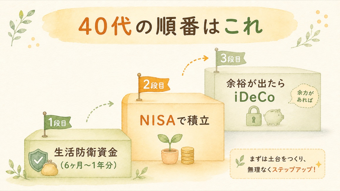 40代のお金の順番。1段目は生活防衛資金6ヶ月から1年分、2段目はNISAで積立、3段目は余裕が出たらiDeCoという3段の階段の図