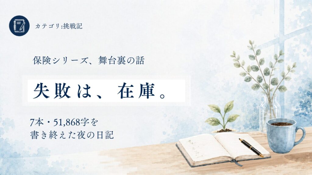 挑戦記のアイキャッチ。保険シリーズ、舞台裏の話。失敗は、在庫。7本・51,868字を書き終えた夜の日記