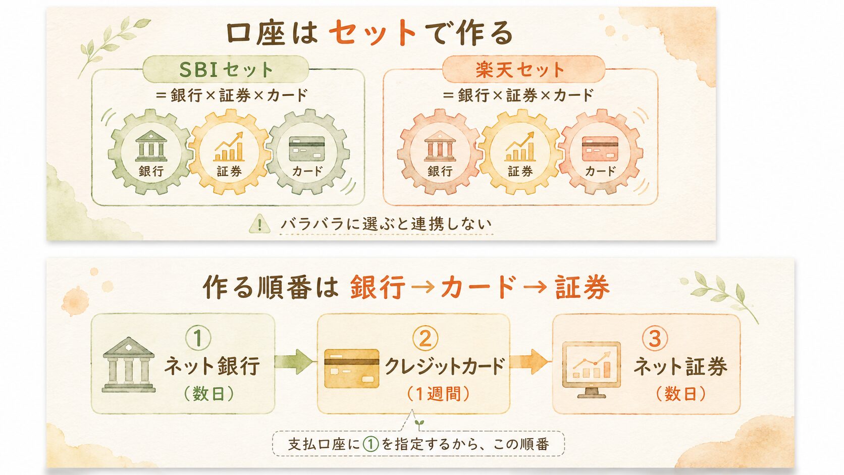 口座はセットで作る:SBIセットと楽天セット(銀行×証券×カード)の構成図と、作る順番は銀行→カード→証券の流れ図