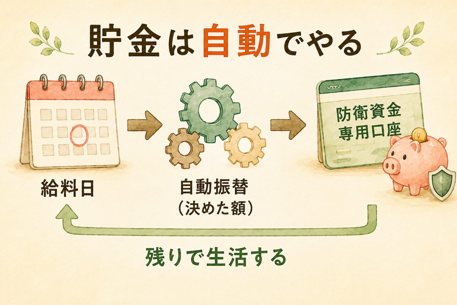 貯金は自動でやる:給料日→自動振替(決めた額)→防衛資金専用口座、残りで生活する流れ図
