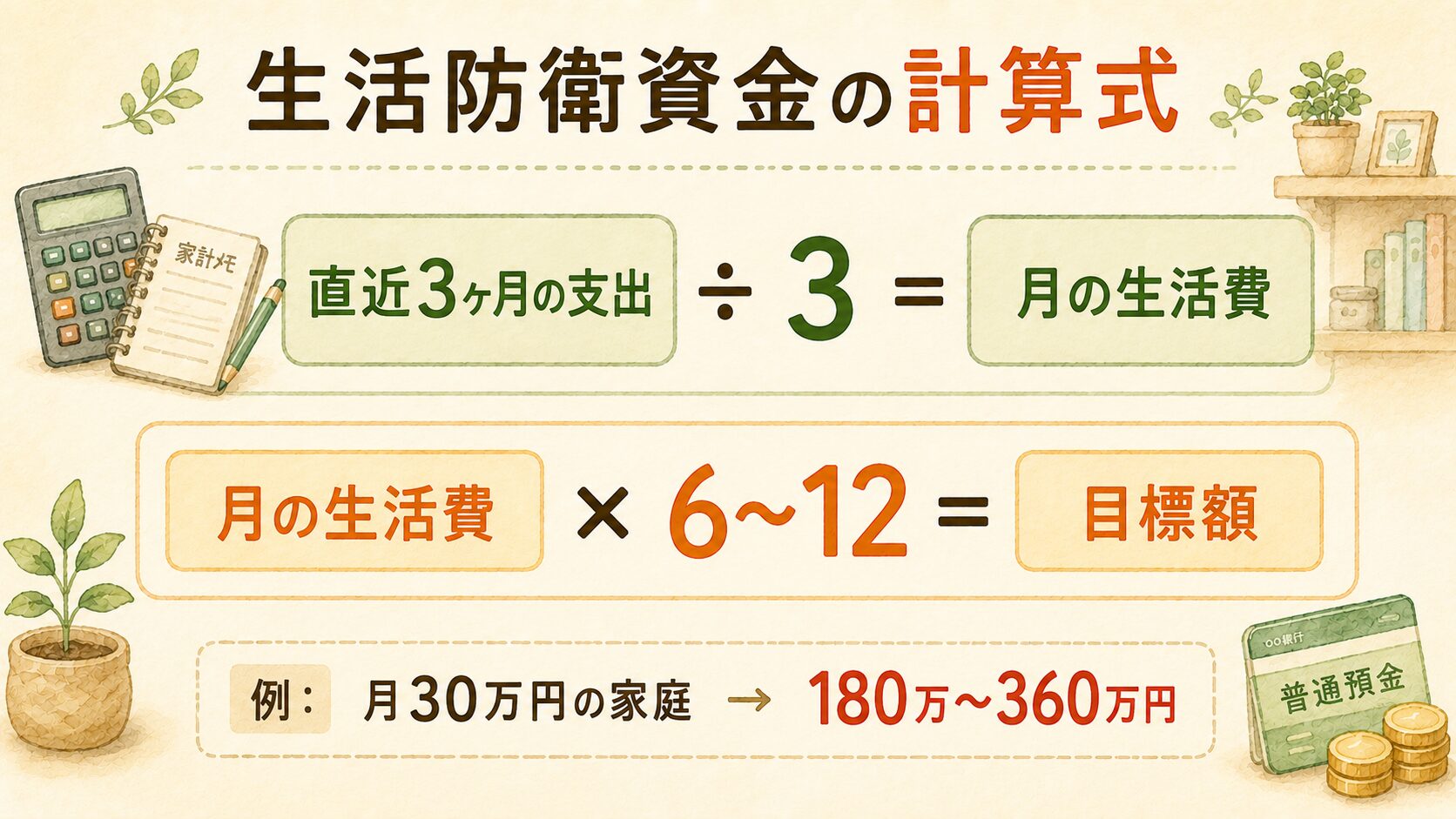生活防衛資金の計算式:直近3ヶ月の支出÷3=月の生活費、月の生活費×6〜12=目標額。月30万円の家庭なら180万〜360万円