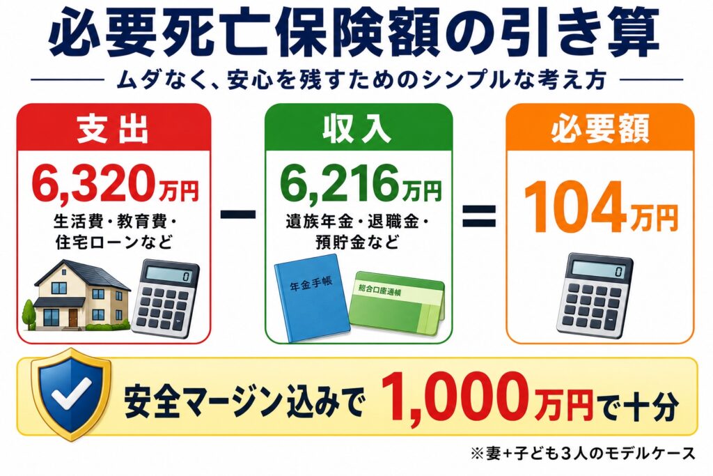 必要死亡保険額の引き算。支出6,320万円から収入6,216万円を引くと必要額は約104万円。安全マージン込みで1,000万円で十分(妻+子ども3人のモデルケース)