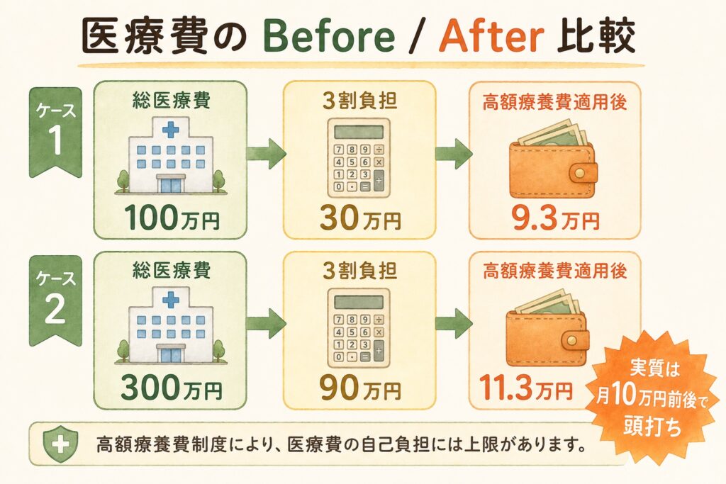 医療費のBefore/After比較。総医療費100万円は3割負担30万円が高額療養費適用後9.3万円に、300万円は90万円が11.3万円に。実質は月10万円前後で頭打ち