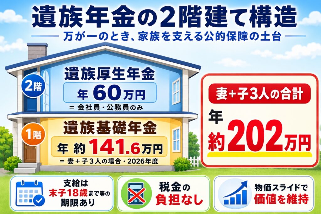 遺族年金の2階建て構造。2階は遺族厚生年金で年約60万円(会社員・公務員のみ)、1階は遺族基礎年金で年約141.6万円(妻+子3人の場合・2026年度)、合計で年約202万円