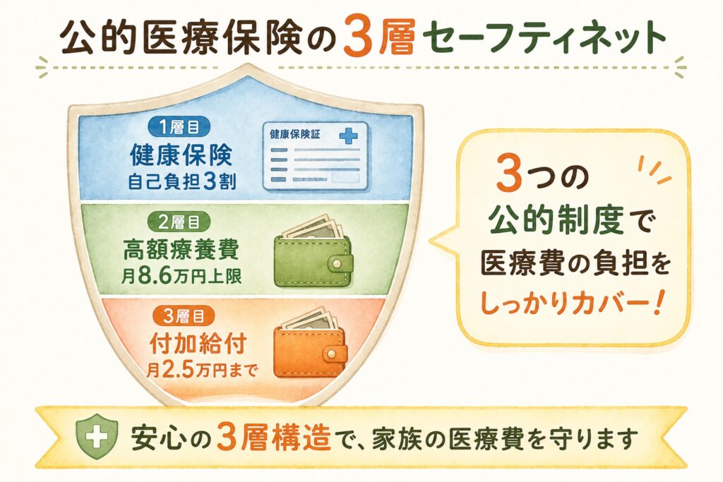 公的医療保険の3層セーフティネット。1層目は健康保険で自己負担3割、2層目は高額療養費で月8.6万円上限、3層目は付加給付で月2.5万円まで下がることも