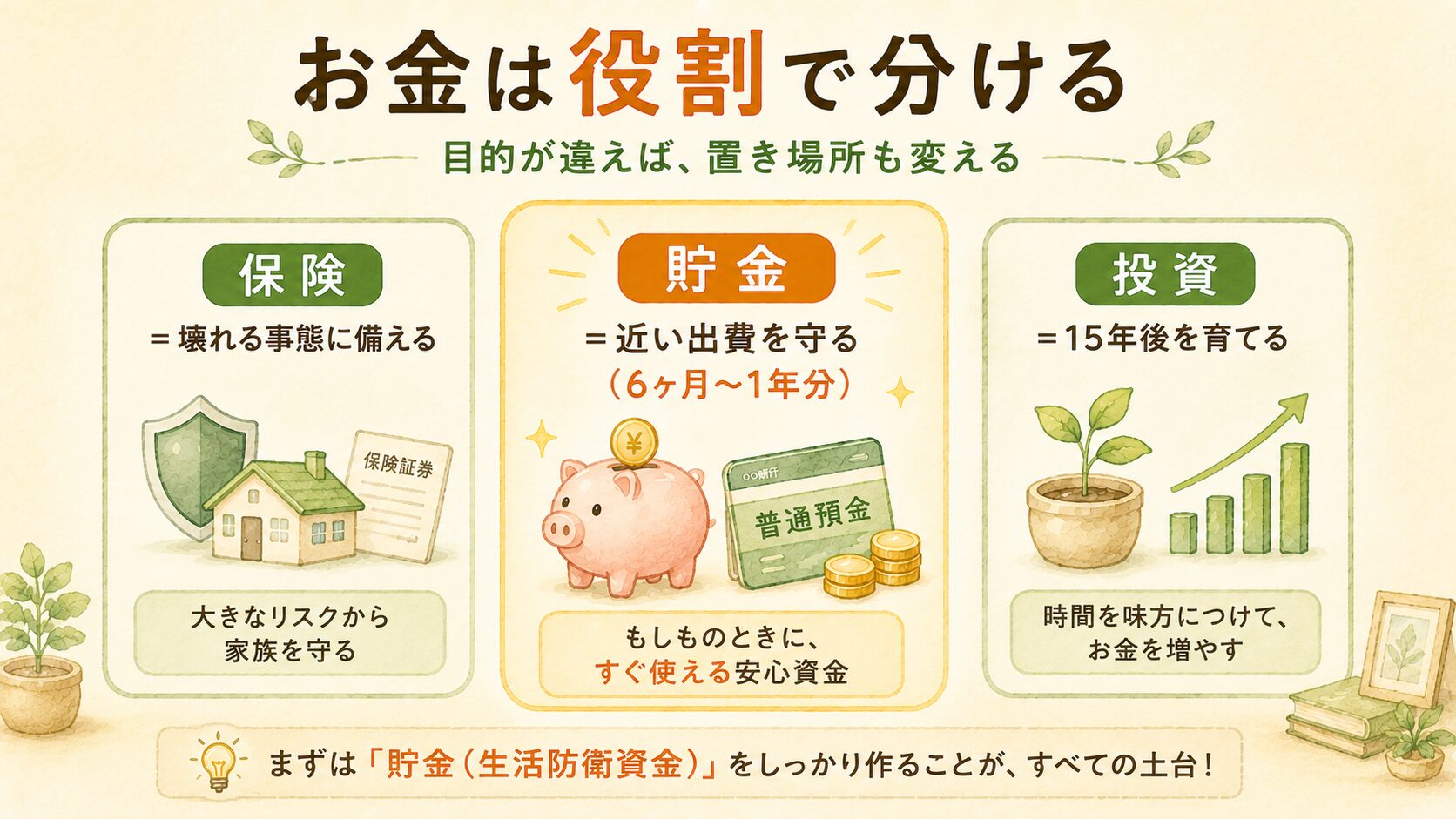お金は役割で分ける:保険=壊れる事態に備える、貯金=近い出費を守る(6ヶ月〜1年分)、投資=15年後を育てる。まずは貯金(生活防衛資金)が土台