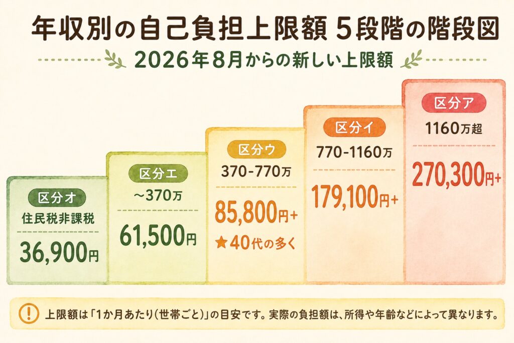 年収別の自己負担上限額の階段図。2026年8月からは区分オ36,900円・区分エ61,500円・区分ウ85,800円+1%・区分イ179,100円+1%・区分ア270,300円+1%。40代の多くは区分ウ