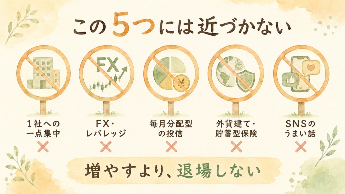 やってはいけない投資5つの一覧。1社への一点集中・FXとレバレッジ・毎月分配型の投信・外貨建てや貯蓄型保険・SNSのうまい話に、近づかないことを示す標識風の図