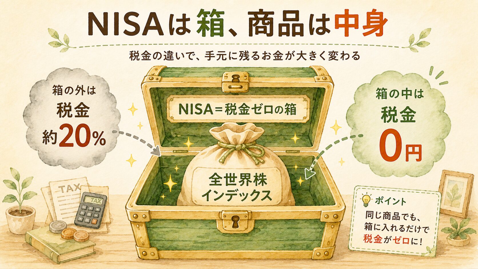 NISAは箱、商品は中身:箱の外で出た利益は税金約20%、NISAという箱の中は税金0円という対比の図