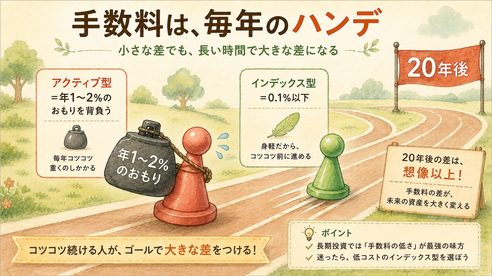 手数料は毎年のハンデ:アクティブ型は年1〜2%のおもりを背負い、インデックス型は0.1%以下で身軽に走るマラソンの比較図