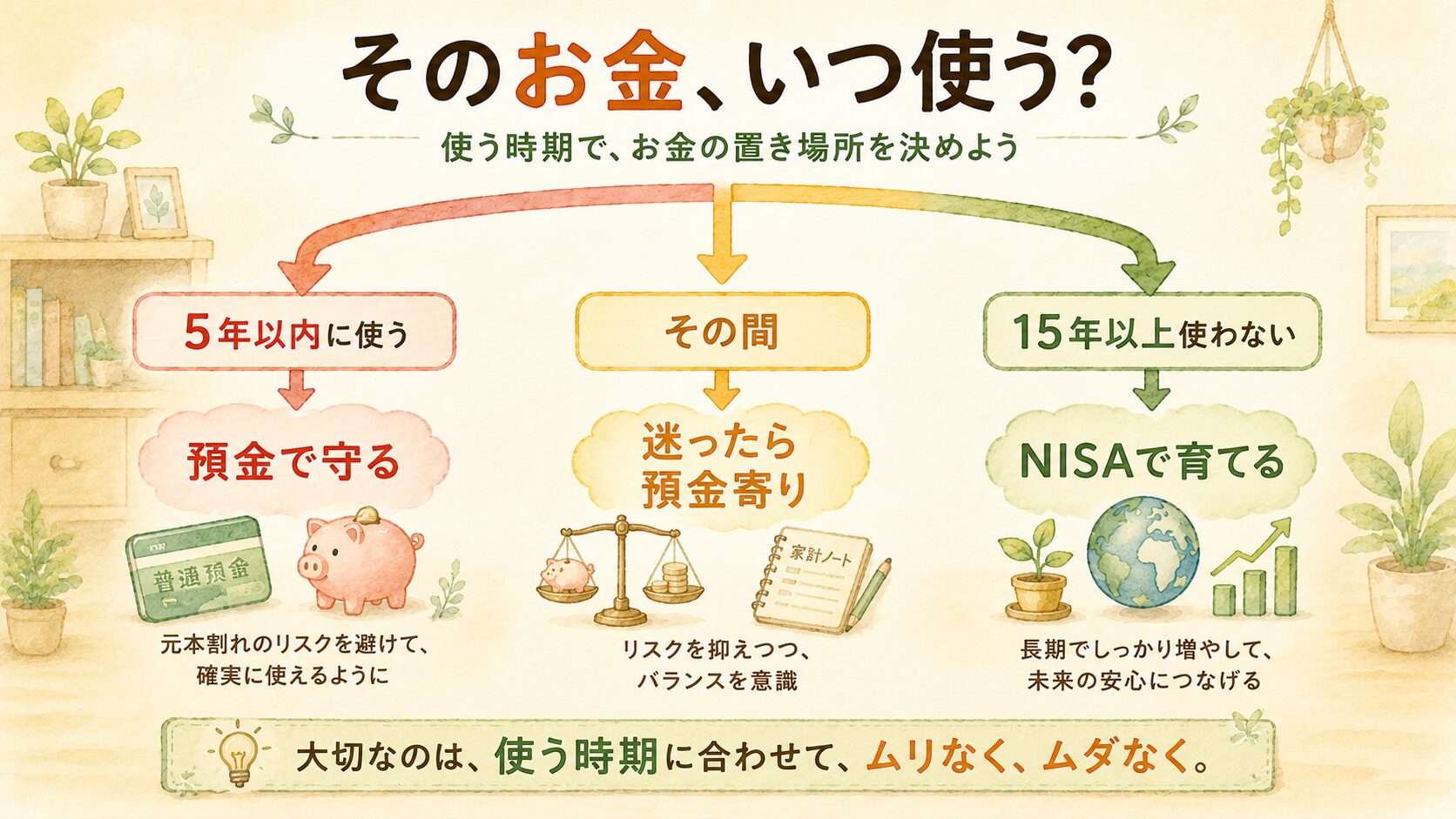 そのお金、いつ使う?:5年以内に使うお金は預金で守る・15年以上使わないお金はNISAで育てる・その間のお金は迷ったら預金寄り、という振り分けフロー図