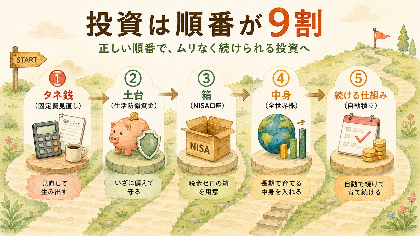 投資は順番が9割:①タネ銭(固定費見直し)→②土台(生活防衛資金)→③箱(NISA口座)→④中身(全世界株)→⑤続ける仕組み(自動積立)の5ステップ図