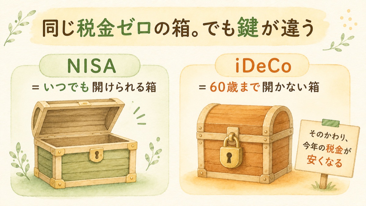 NISAはいつでも開けられる箱、iDeCoは60歳まで開かない箱。そのかわりiDeCoは今年の税金が安くなる、という2つの宝箱の比較図