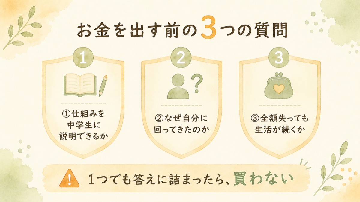 お金を出す前の3つの質問。仕組みを中学生に説明できるか、なぜ自分に回ってきたのか、全額失っても生活が続くか。1つでも答えに詰まったら買わない