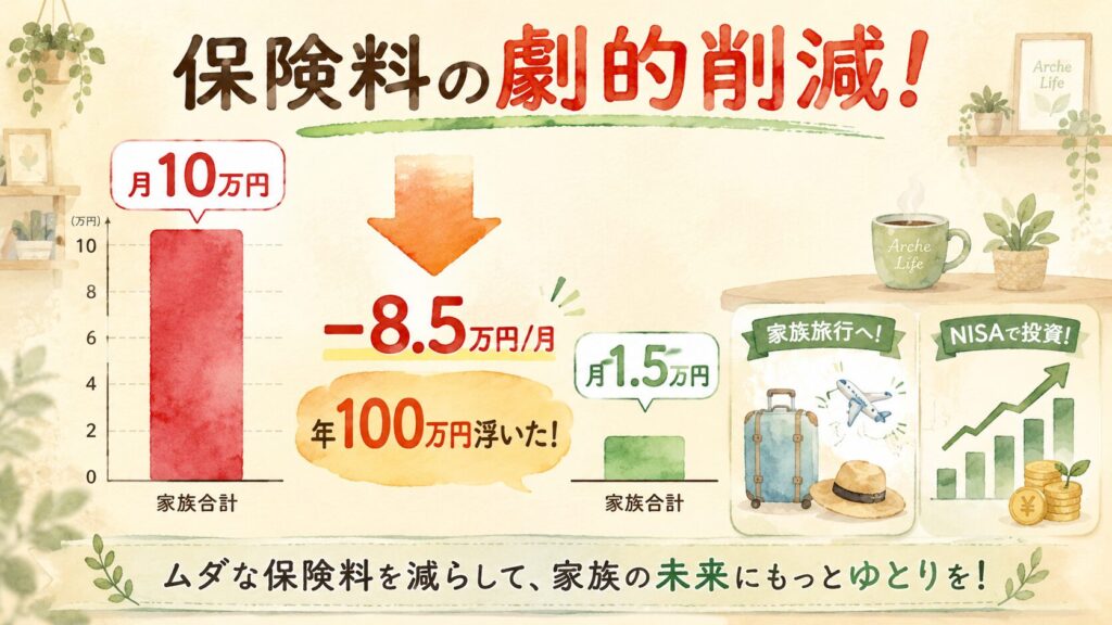保険料の劇的削減:家族合計 月10万円から月1.5万円へ、年100万円の節約