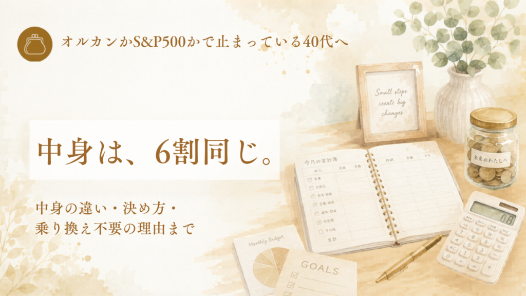 全世界株とS&P500どっちを買う？のアイキャッチ。中身は、6割同じ。違い・決め方・乗り換え不要の理由まで