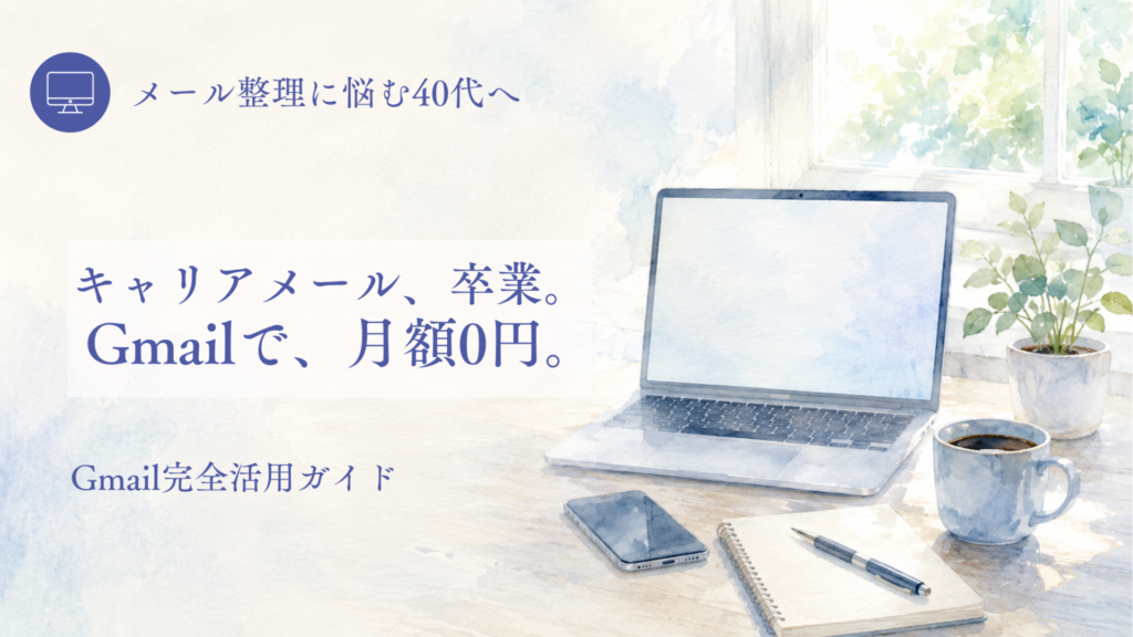Gmail完全活用ガイドのアイキャッチ。キャリアメール、卒業。Gmailで、月額0円。