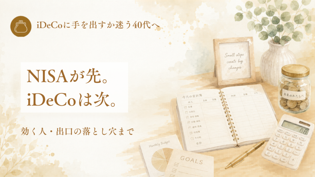 iDeCoとNISAどっちが先？のアイキャッチ。NISAが先。iDeCoは次。効く人・出口の落とし穴まで