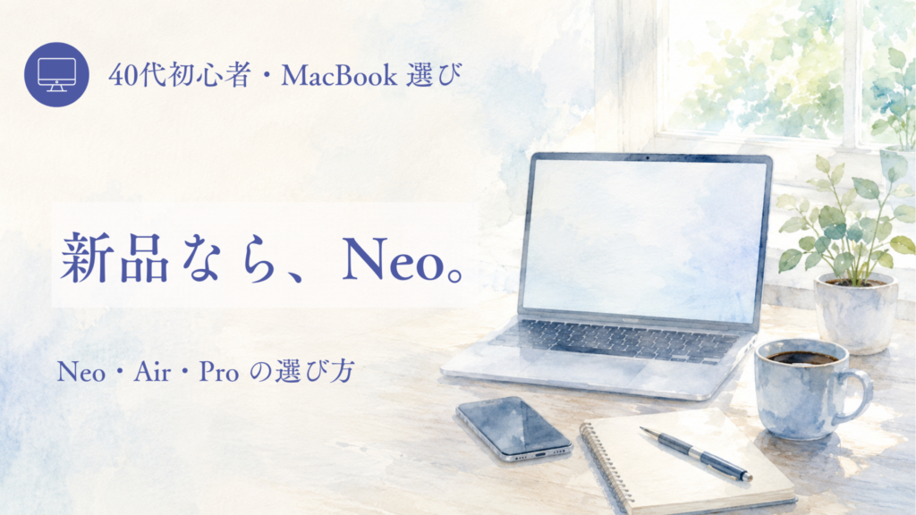 MacBook選び完全ガイドのアイキャッチ。新品なら、Neo。Neo・Air・Pro の選び方