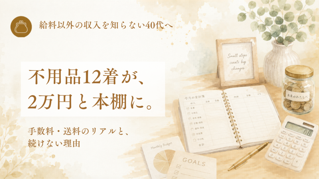メルカリ初挑戦の記事のアイキャッチ。給料以外の収入を知らない40代へ。不用品12着が、2万円と本棚に。手数料・送料のリアルと、続けない理由。