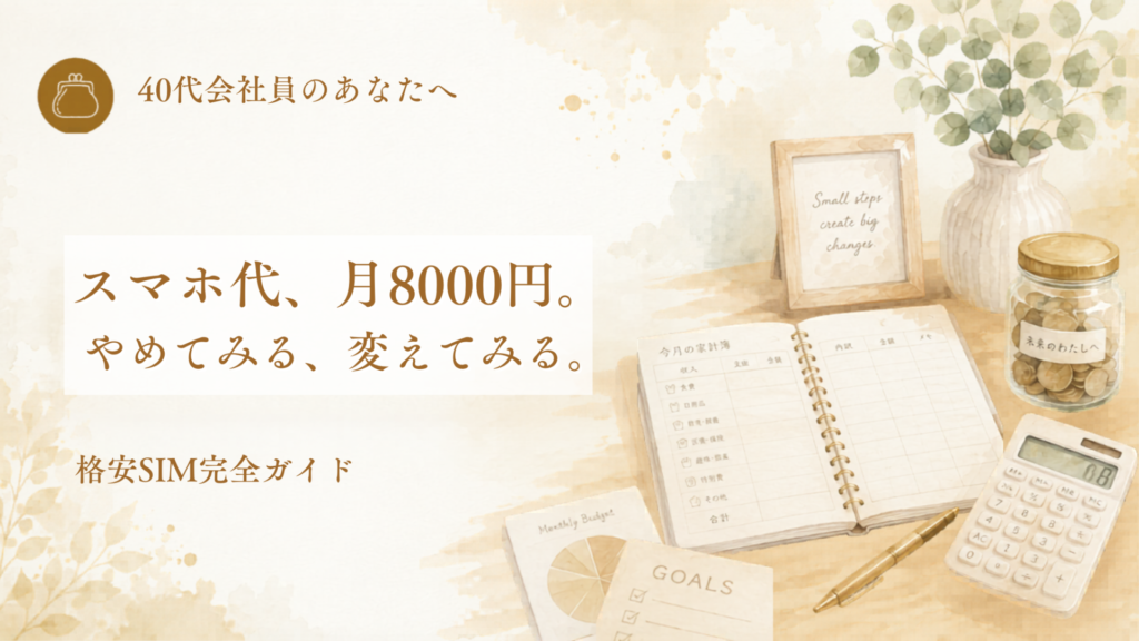 通信費見直しガイドのアイキャッチ。スマホ代、月8000円。やめてみる、変えてみる。格安SIM完全ガイド