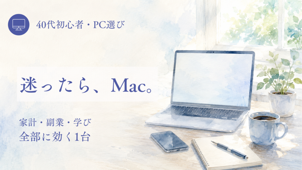PC選び完全ガイドのアイキャッチ。迷ったら、Mac。家計・副業・学び全部に効く1台