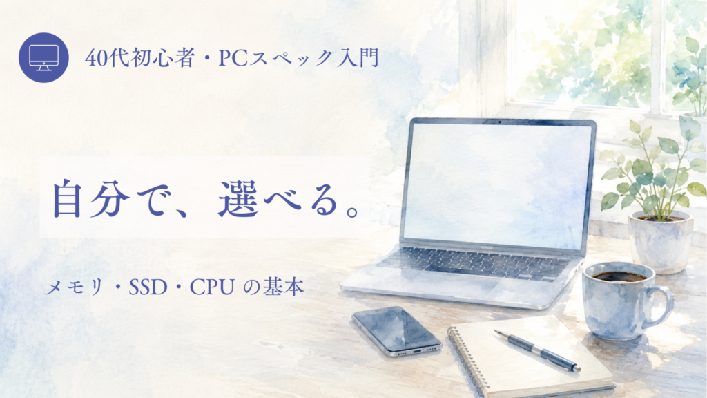 PC選びの基礎知識のアイキャッチ。自分で、選べる。メモリ・SSD・CPUの基本