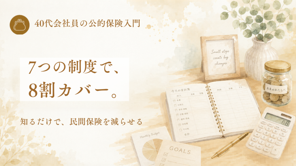7つの公的保険完全ガイドのアイキャッチ。7つの制度で、8割カバー。知るだけで、民間保険を減らせる