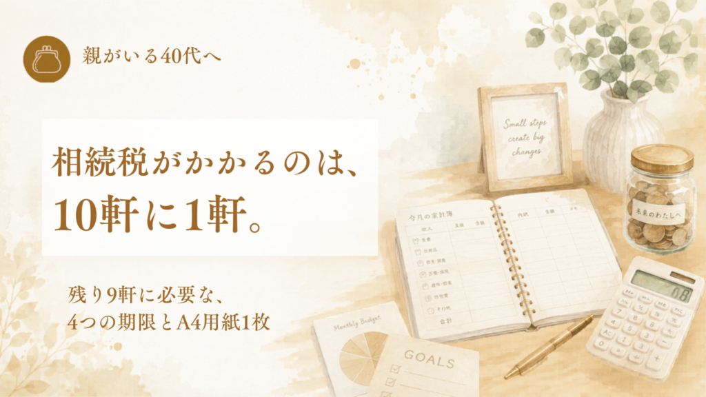 40代からの相続入門のアイキャッチ。親がいる40代へ、相続税がかかるのは10軒に1軒、残り9軒に必要な4つの期限とA4用紙1枚