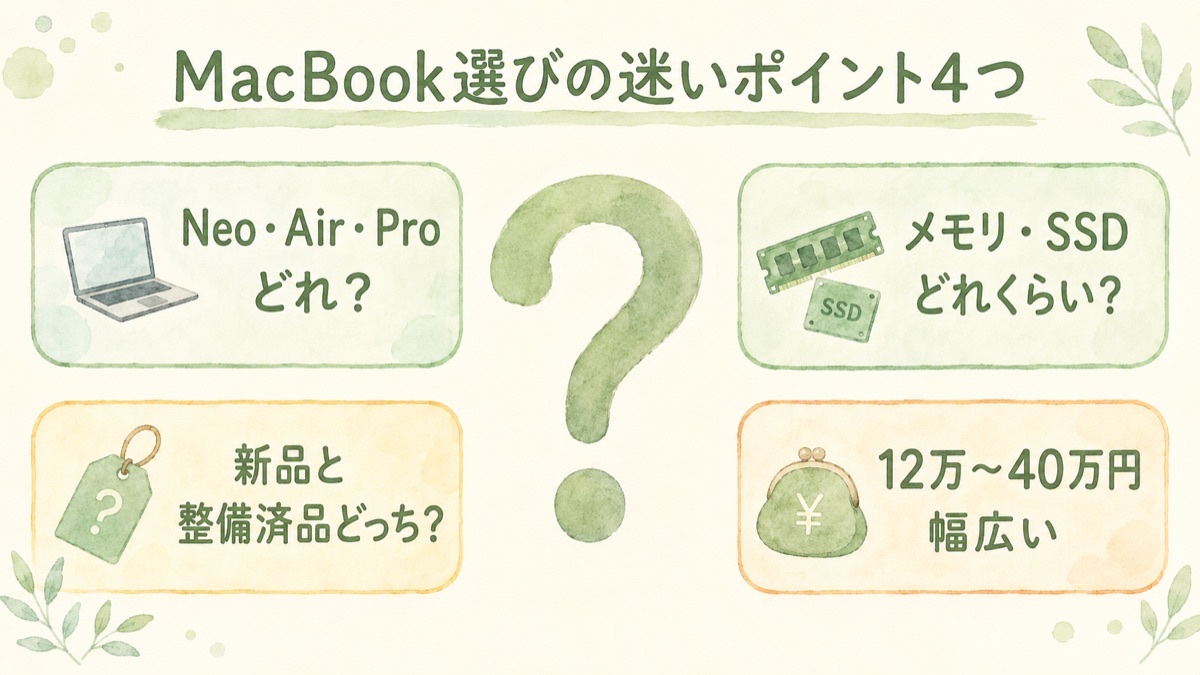 MacBook選びの迷いポイント4つ。NeoとAirとProのどれか、メモリとSSDはどれくらいか、新品と整備済品のどちらか、価格は12万から40万円と幅広い