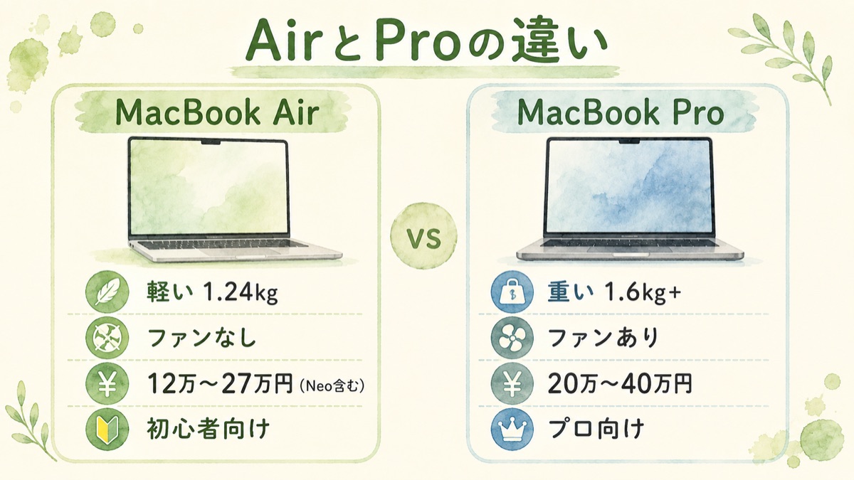 MacBook AirとProの比較。Airは軽い1.24キロ・ファンなし・12万から27万円でNeo含む・初心者向け。Proは重い1.6キロ以上・ファンあり・20万から40万円・プロ向け
