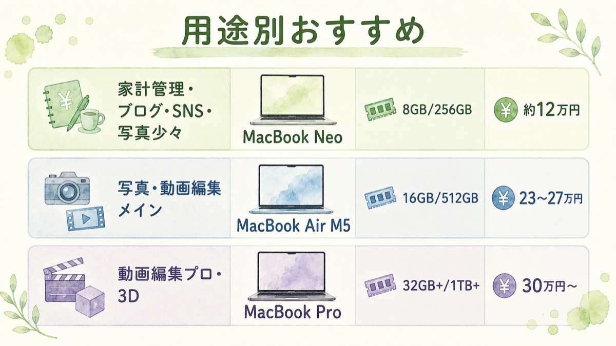 用途別おすすめ。家計管理・ブログ・SNS・写真少々はMacBook Neoの8GB/256GBで約12万円。写真・動画編集メインはMacBook Air M5の16GB/512GBで23から27万円。動画編集プロ・3DはMacBook Proの32GB以上で30万円から