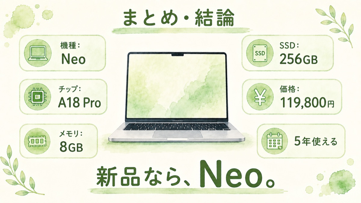 まとめの結論。新品なら、Neo。機種はNeo・チップはA18 Pro・メモリ8GB・SSD256GB・価格119,800円・5年使える