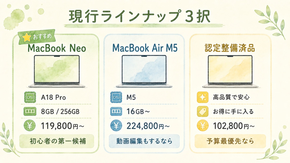 現行ラインナップ3択。おすすめのMacBook NeoはA18 Pro・8GB/256GB・119,800円からで初心者の第一候補。MacBook Air M5は16GB以上・224,800円からで動画編集もするなら。認定整備済品は102,800円からで予算最優先なら