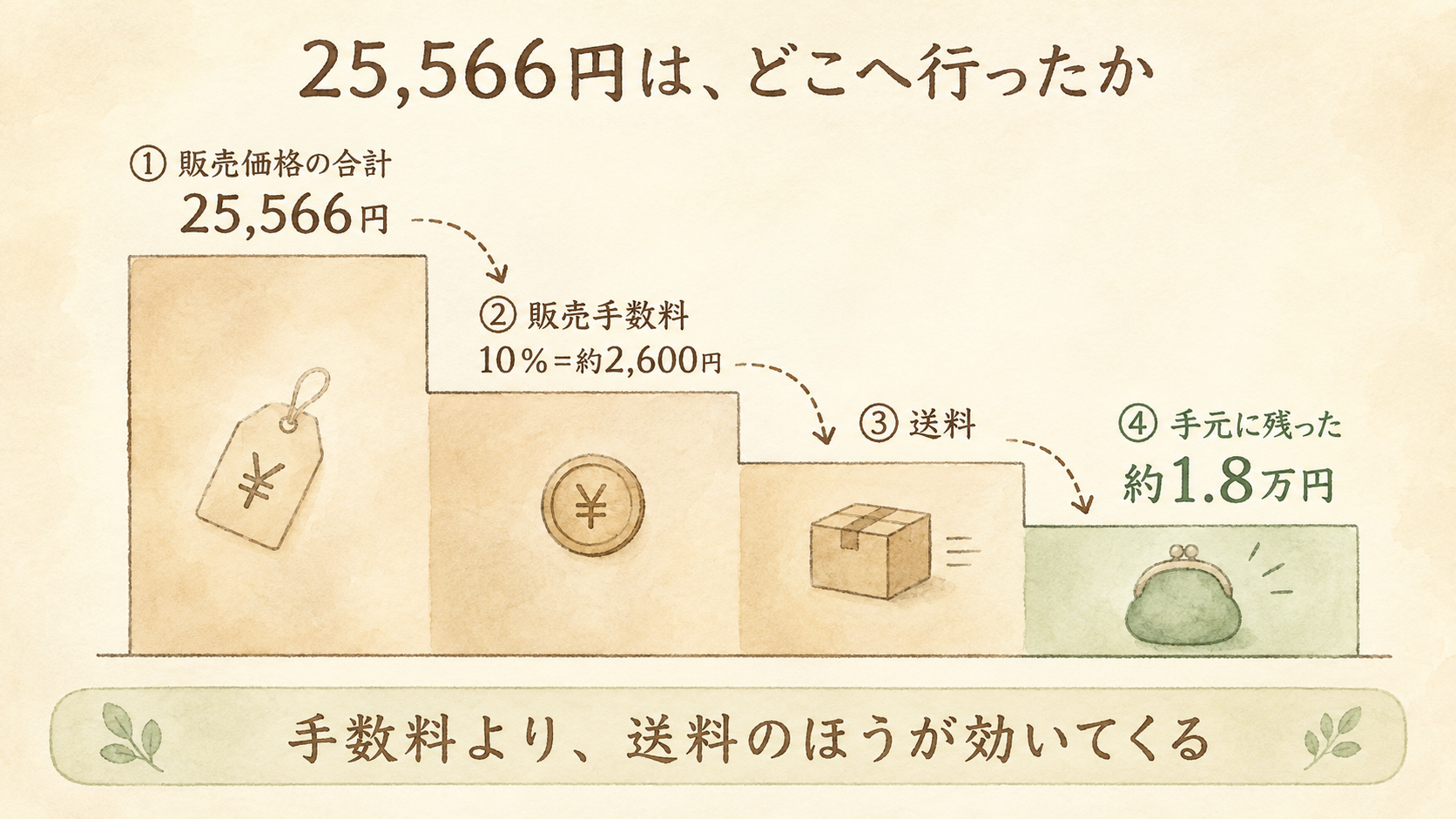 メルカリで服12着を売った売上25,566円の内訳。販売手数料10％が約2,600円、さらに送料を引いて手元に残ったのは約1.8万円。手数料より送料のほうが効いてくる。