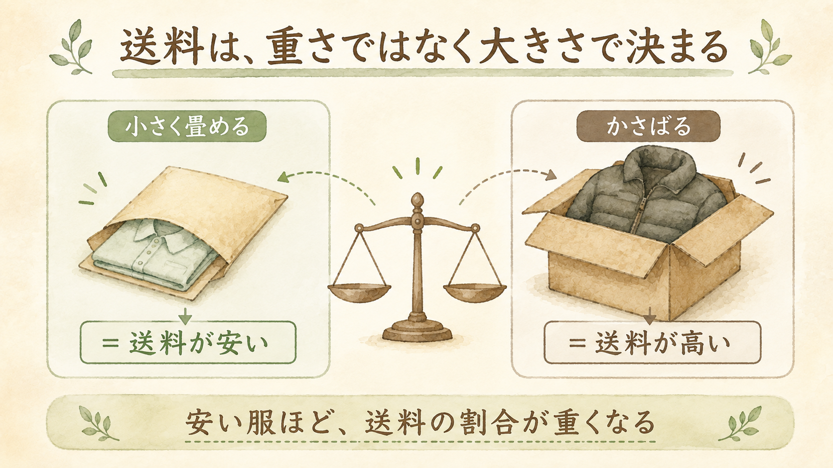 フリマアプリの送料は重さではなく大きさで決まる。薄手のシャツは小さく畳めて送料が安く、厚手のジャケットはかさばって送料が高い。安い服ほど送料の割合が重くなる。