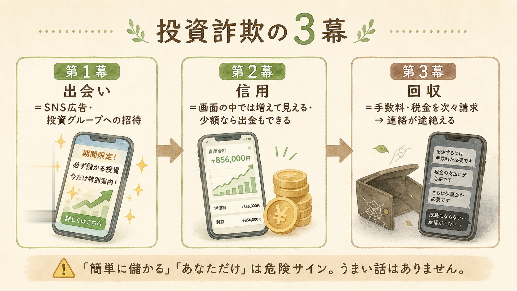 投資詐欺の3幕構成の図解。第1幕出会い(SNS広告・投資グループへの招待)→第2幕信用(画面の中では増えて見える・少額なら出金できる)→第3幕回収(手数料・税金を次々請求し連絡が途絶える)