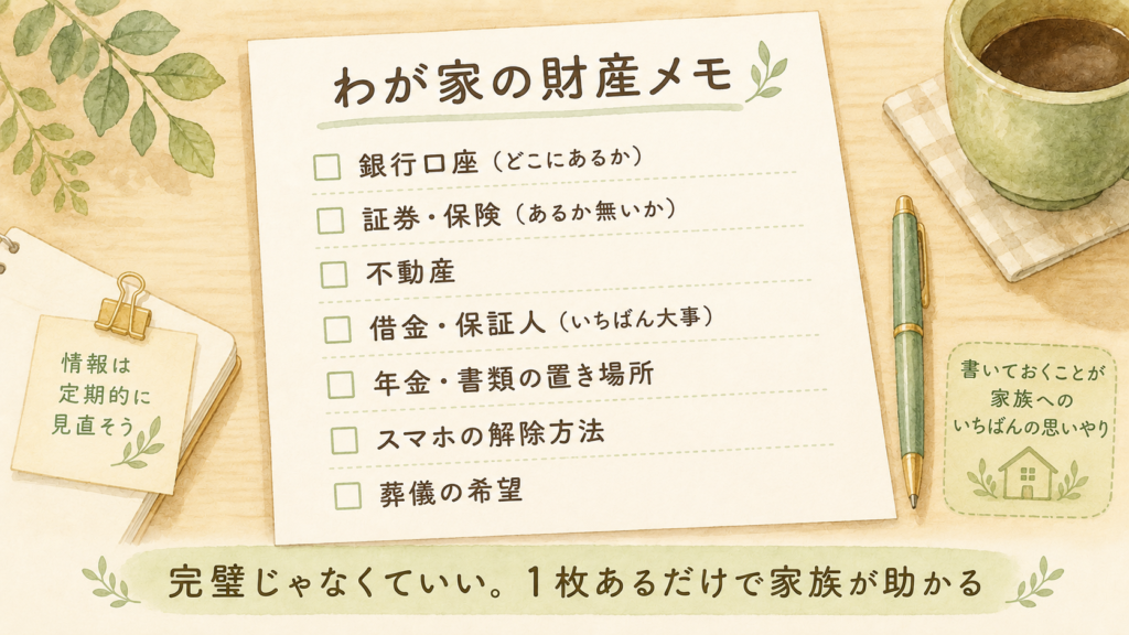 わが家の財産メモの例。銀行口座・証券保険・不動産・借金保証人・年金書類の置き場所・スマホの解除方法・葬儀の希望の7項目をA4一枚に。完璧じゃなくていい、1枚あるだけで家族が助かる