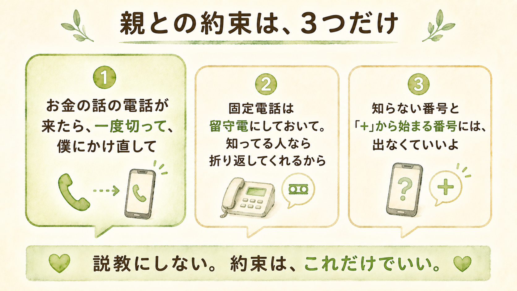 高齢の親と交わす3つの約束。お金の話の電話が来たら一度切って子どもにかけ直す、固定電話は常時留守電にしておく、知らない番号と＋から始まる番号には出ない。