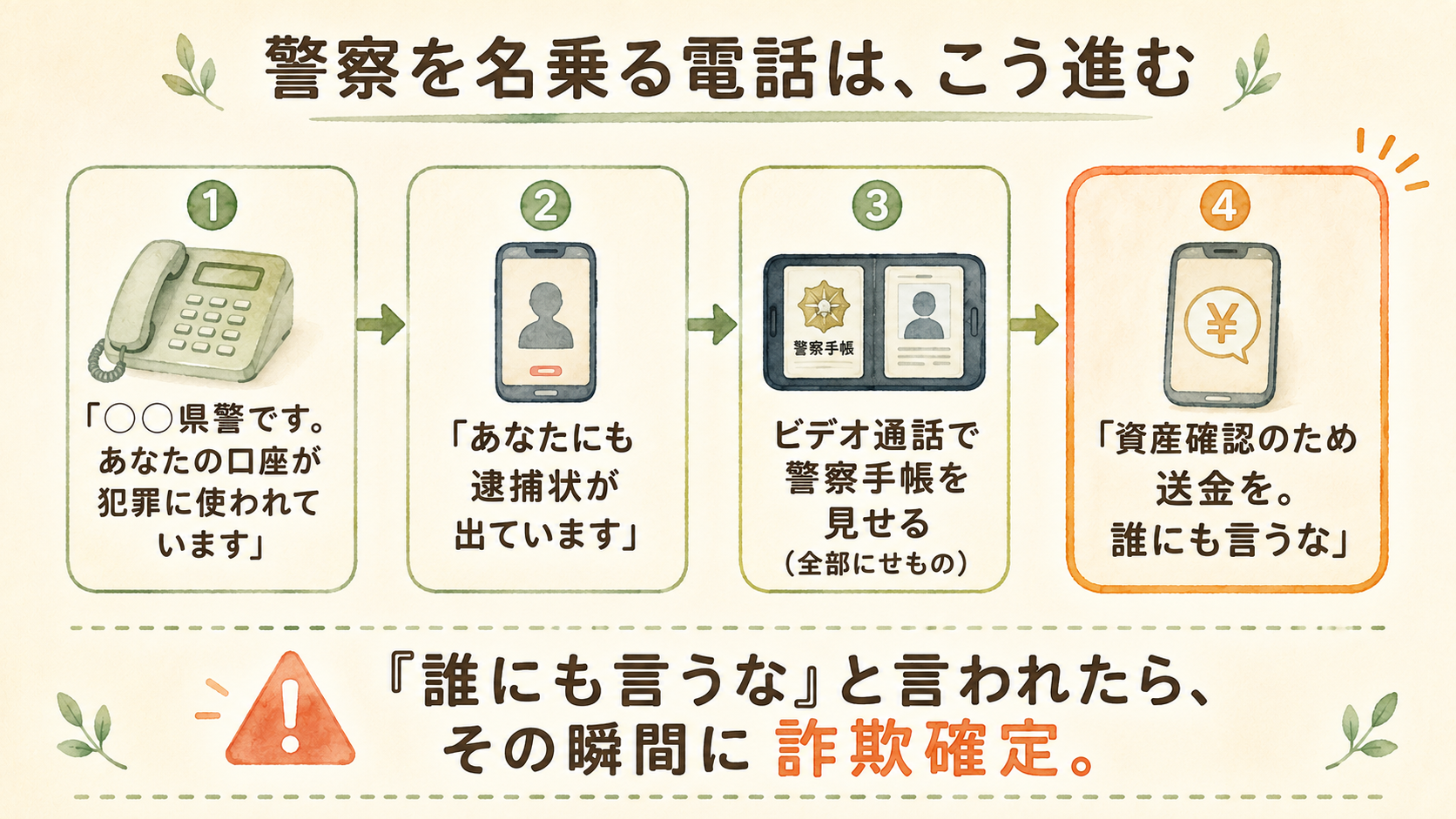 ニセ警察詐欺の電話が進む4ステップの流れ図。県警を名乗り口座が犯罪に使われたと告げ、逮捕状が出ていると脅し、ビデオ通話で偽の警察手帳を見せ、資産確認のための送金と口止めを求める。