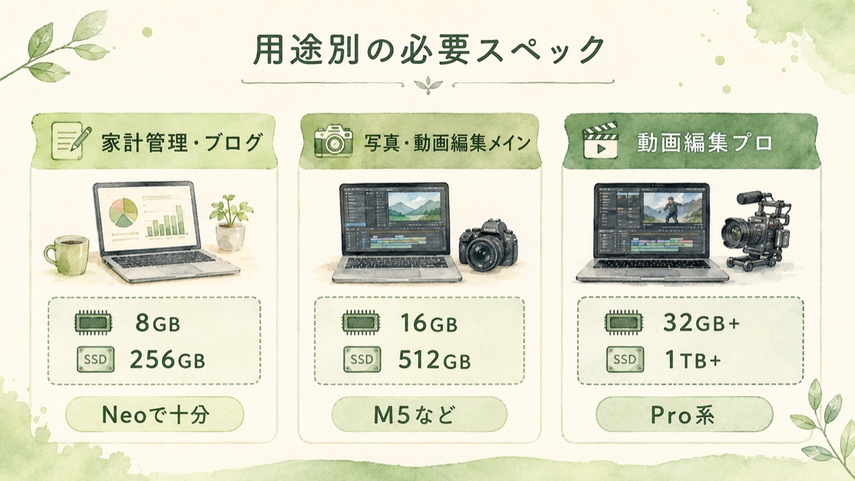 用途別の必要スペック。家計管理・ブログは8GB/256GBでNeoで十分。写真・動画編集メインは16GB/512GBでM5など。動画編集プロは32GB以上・1TB以上でPro系