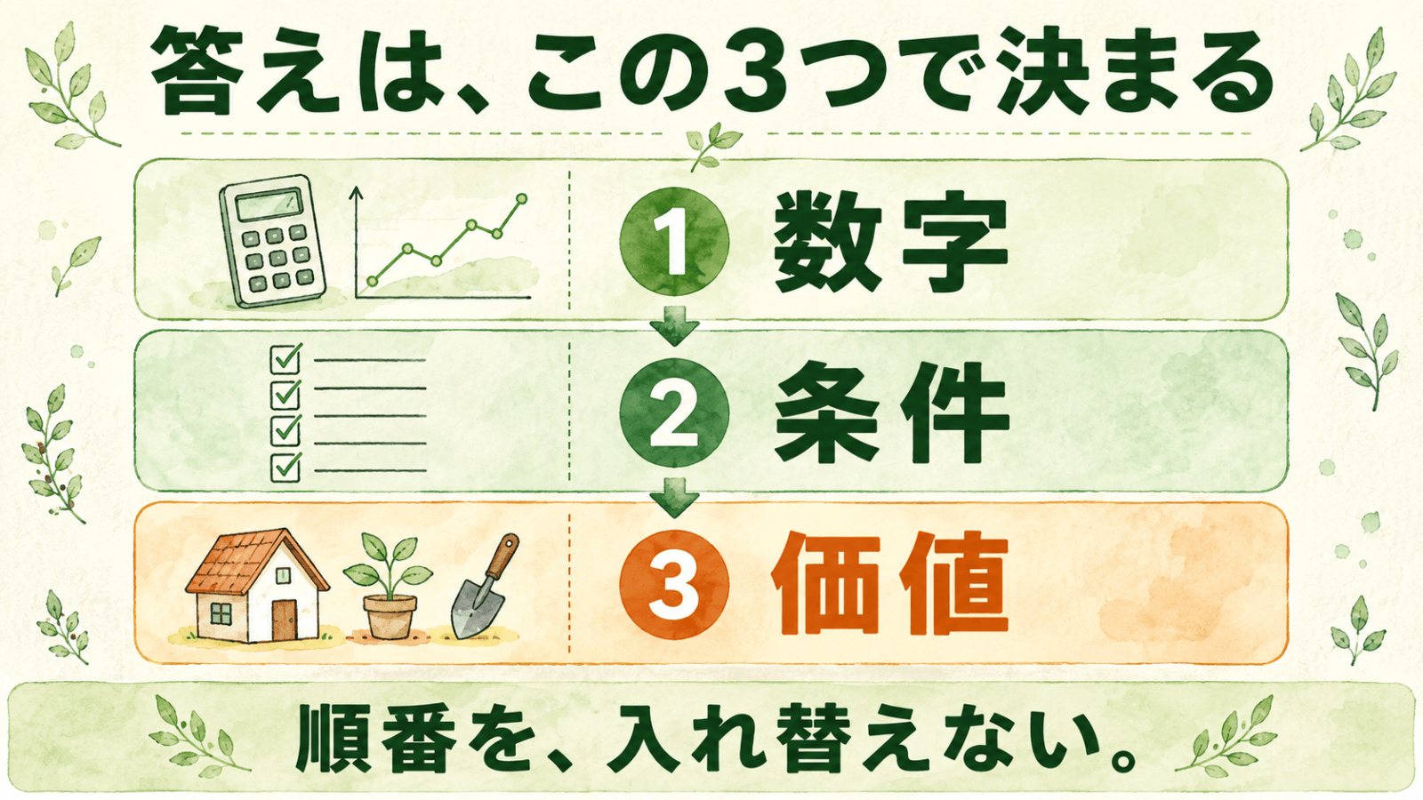 住まいの答えを決める3つの層を示した図。上から①数字（電卓とグラフ）、②条件（5つのチェックリスト）、③価値（家と鉢植えとスコップ）の順に矢印でつながり、順番を入れ替えないことを示している