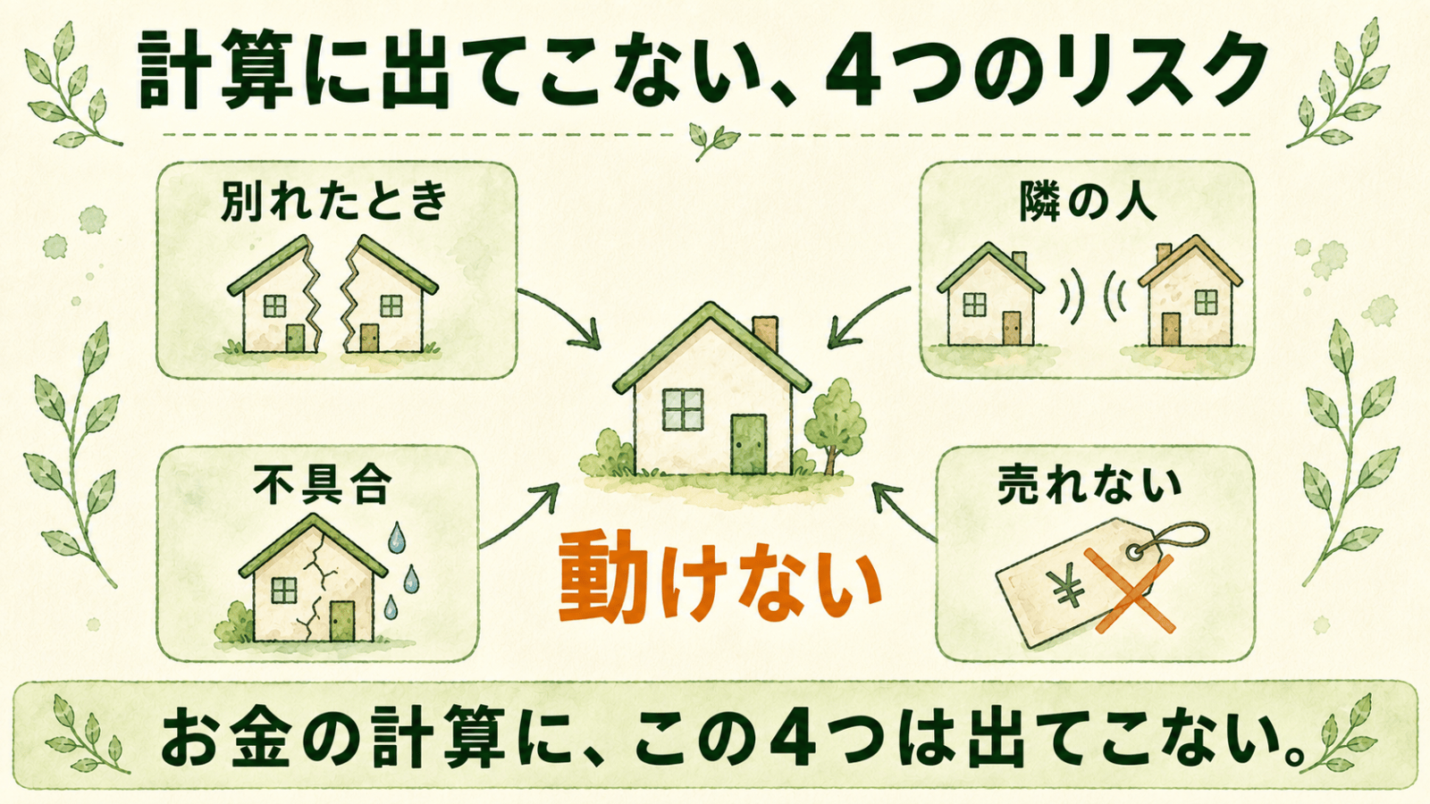 持ち家のお金の計算に出てこない4つのリスクを示した図。別れたとき・隣の人・不具合・売れない、の4つが中央の家に集まり、どれも動けなくなることにつながっている