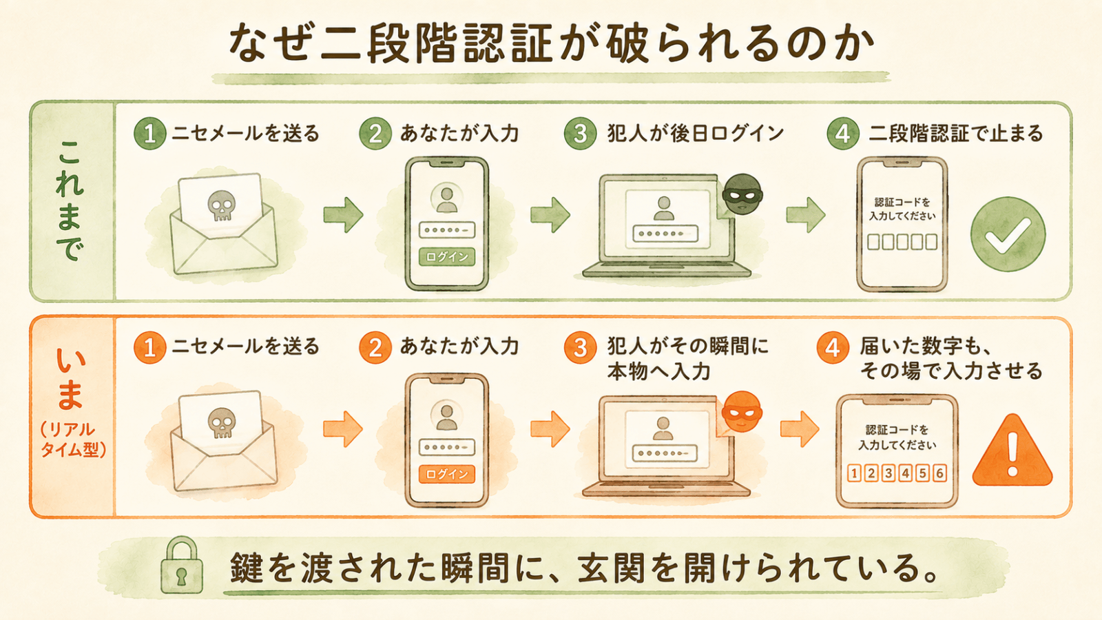 二段階認証が破られる仕組みの比較図。これまでは犯人が後日ログインして二段階認証で止まっていたが、いまのリアルタイム型は盗んだその瞬間に本物のサイトへ入力し、届いた数字も偽サイトでその場で入力させて突破する。