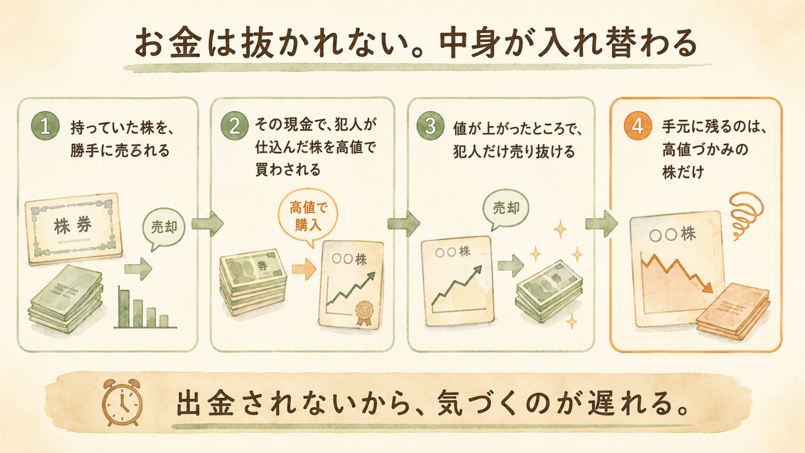 証券口座が乗っ取られたときの流れ。持っていた株を勝手に売られ、その現金で犯人が仕込んだ株を高値で買わされ、犯人だけが売り抜け、手元には高値づかみの株だけが残る。