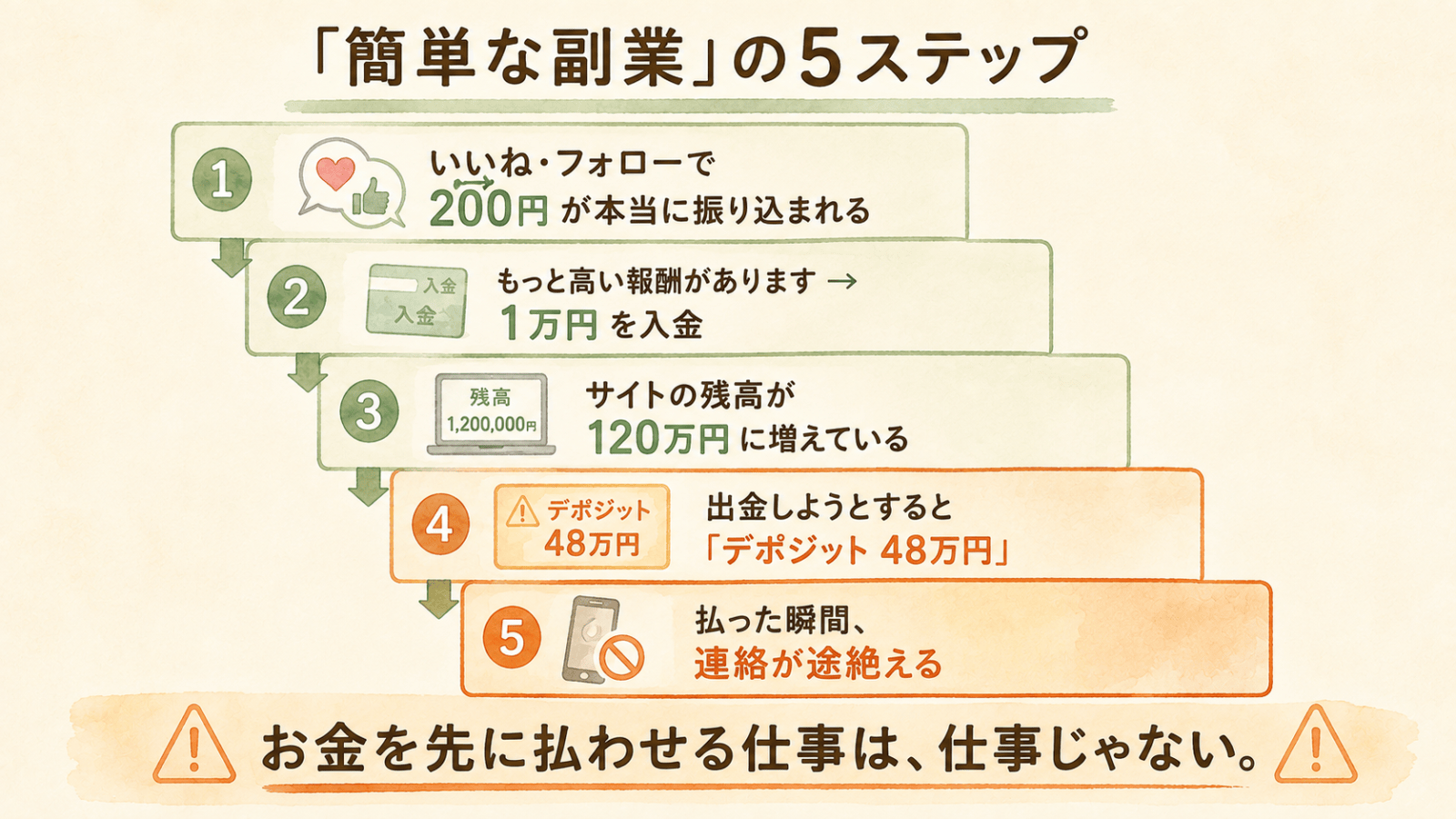 タスク詐欺の5ステップ。いいねやフォローで200円が本当に振り込まれ、次に1万円を入金させられ、サイトの残高が120万円に増え、出金しようとするとデポジット48万円を要求され、払った瞬間に連絡が途絶える。