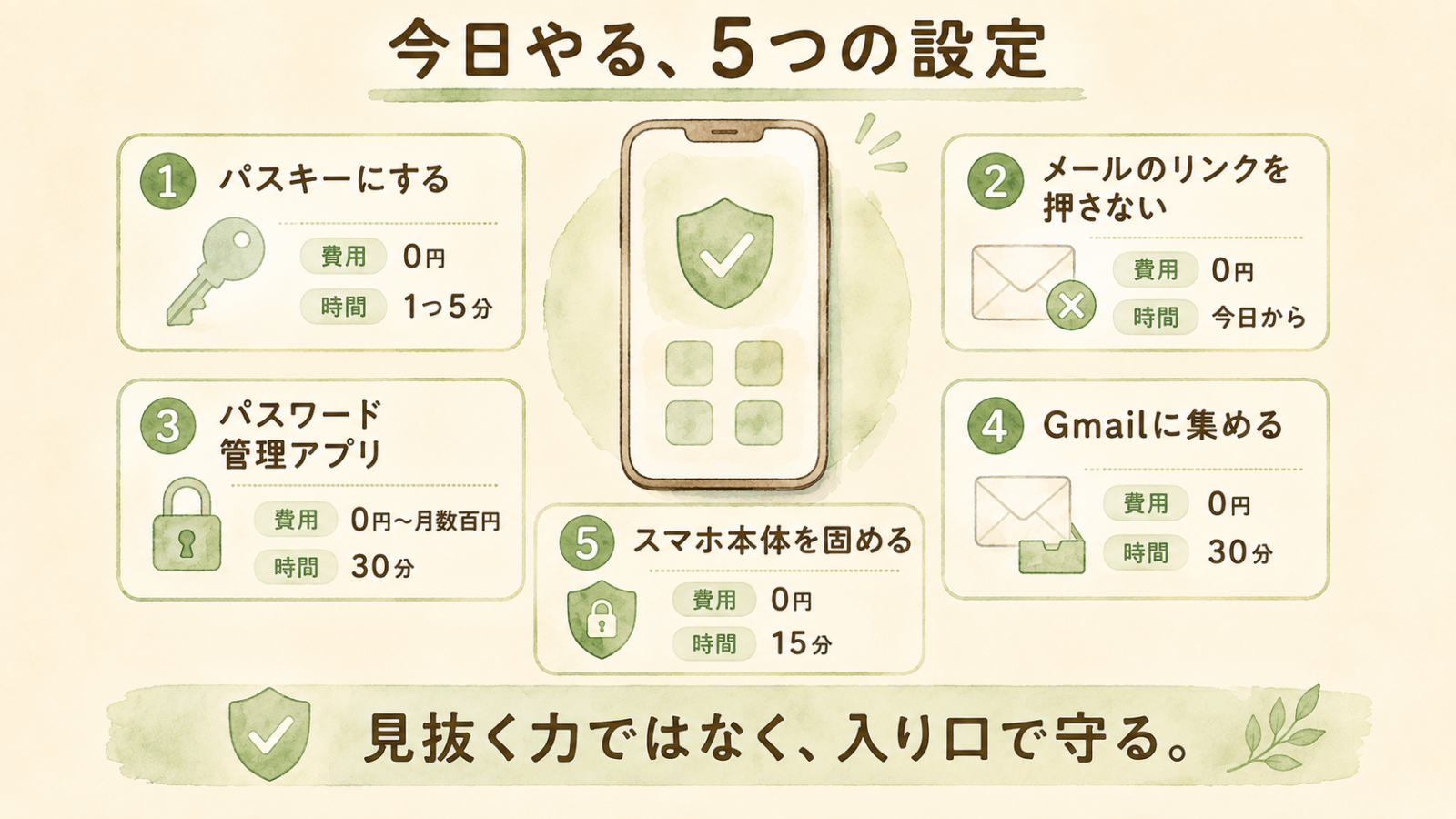スマホとお金を守る5つの設定。パスキーにする0円で1つ5分、メールのリンクを押さない0円で今日から、パスワード管理アプリ0円から月数百円で30分、Gmailに集める0円で30分、スマホ本体を固める0円で15分。