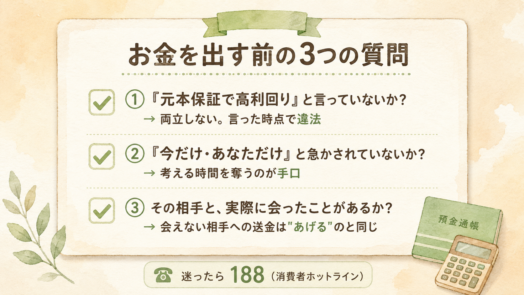 お金を出す前の3つの質問のチェックリスト。①「元本保証で高利回り」と言っていないか(=両立しない・言った時点で違法) ②「今だけ・あなただけ」と急かされていないか(=考える時間を奪うのが手口) ③その相手と実際に会ったことがあるか(=会えない相手への送金はあげるのと同じ)。迷ったら188(消費者ホットライン)へ