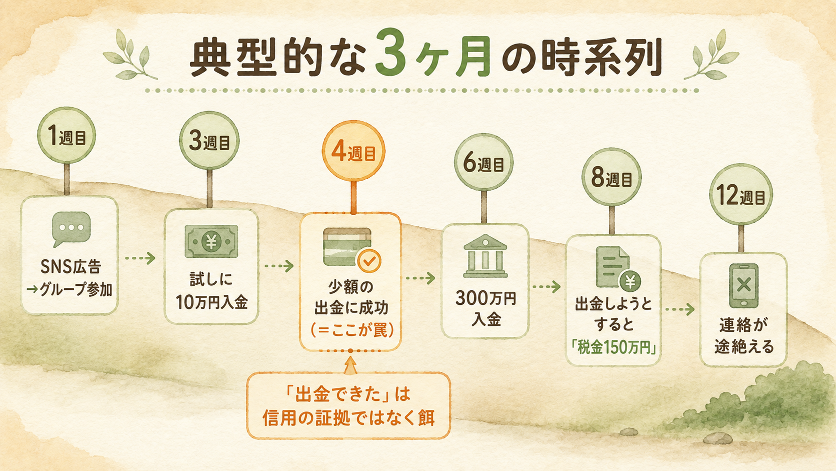 SNS型投資詐欺の典型的な3ヶ月の時系列。1週目SNS広告からグループ参加、3週目に試しに10万円入金、4週目に少額の出金に成功(=ここが罠)、6週目に300万円入金、8週目に出金しようとすると「税金150万円」、12週目に連絡が途絶える。「出金できた」は信用の証拠ではなく餌