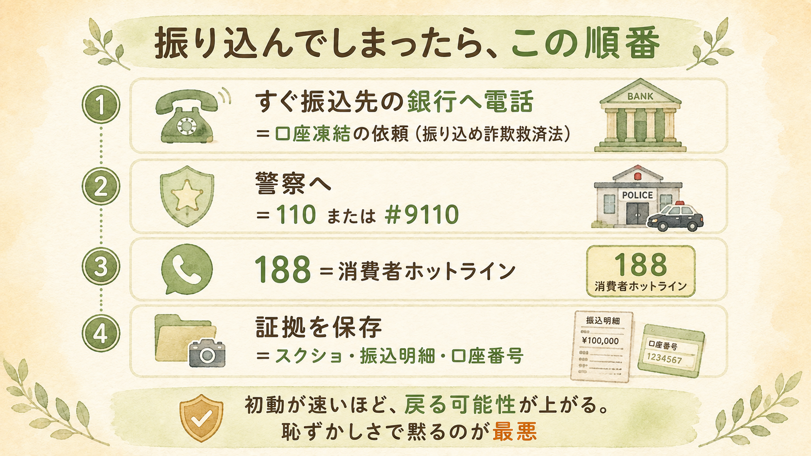 振り込んでしまったときの4ステップ。①すぐ振込先の銀行へ電話して口座凍結を依頼(振り込め詐欺救済法) ②警察へ=110または#9110 ③188=消費者ホットライン ④証拠を保存=スクショ・振込明細・口座番号。初動が速いほど戻る可能性が上がる